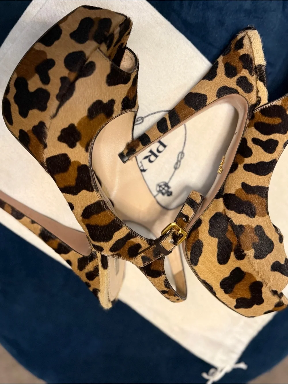Prada Leopard Print Platform Slingback Heels - Tan & Black